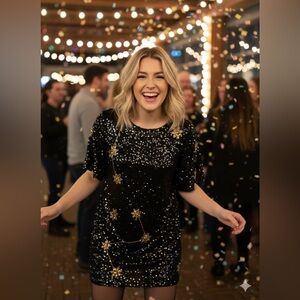 Jen's Pirate Booty Sparkling Black and Gold Mini Dress